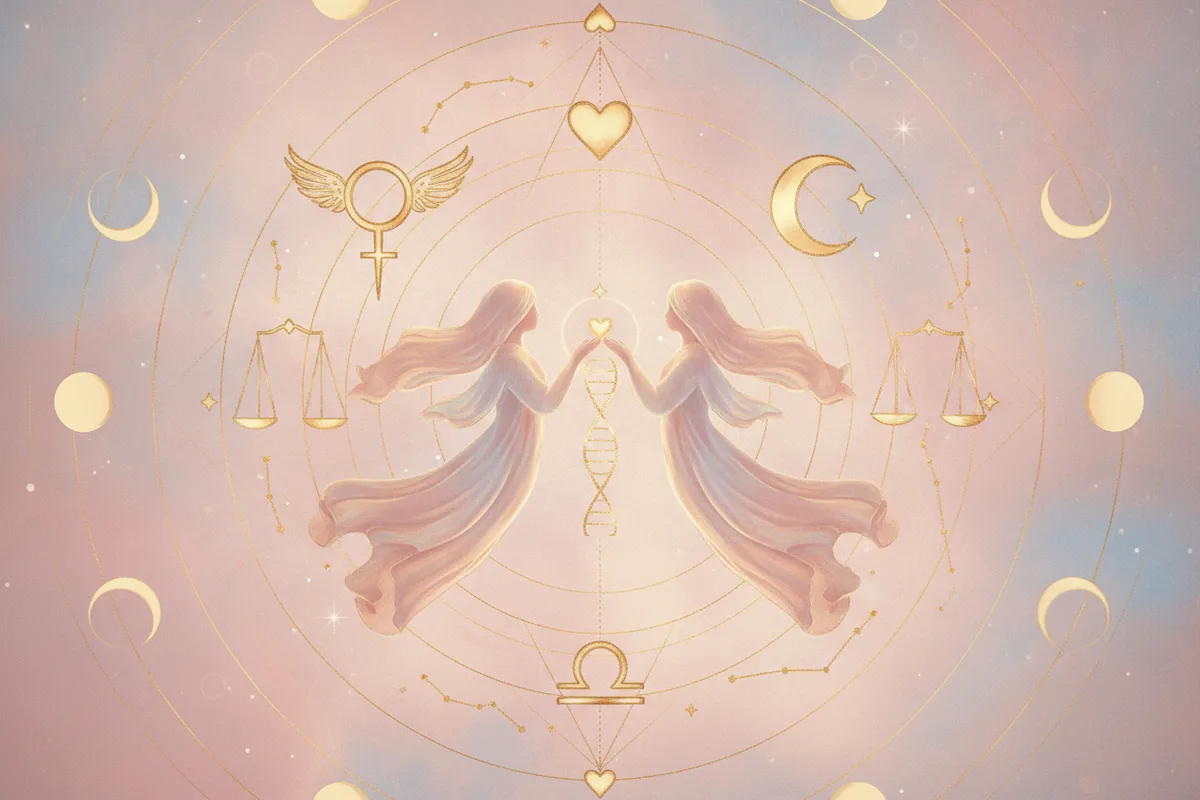Ilustração etérea de astrologia da nova era, com tons pastéis e dourados, silhueta de mulher em harmonia com símbolos astrológicos e corpos celestes, transmitindo misticismo e sonho.