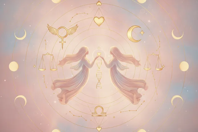Ilustração etérea de astrologia da nova era, com tons pastéis e dourados, silhueta de mulher em harmonia com símbolos astrológicos e corpos celestes, transmitindo misticismo e sonho.