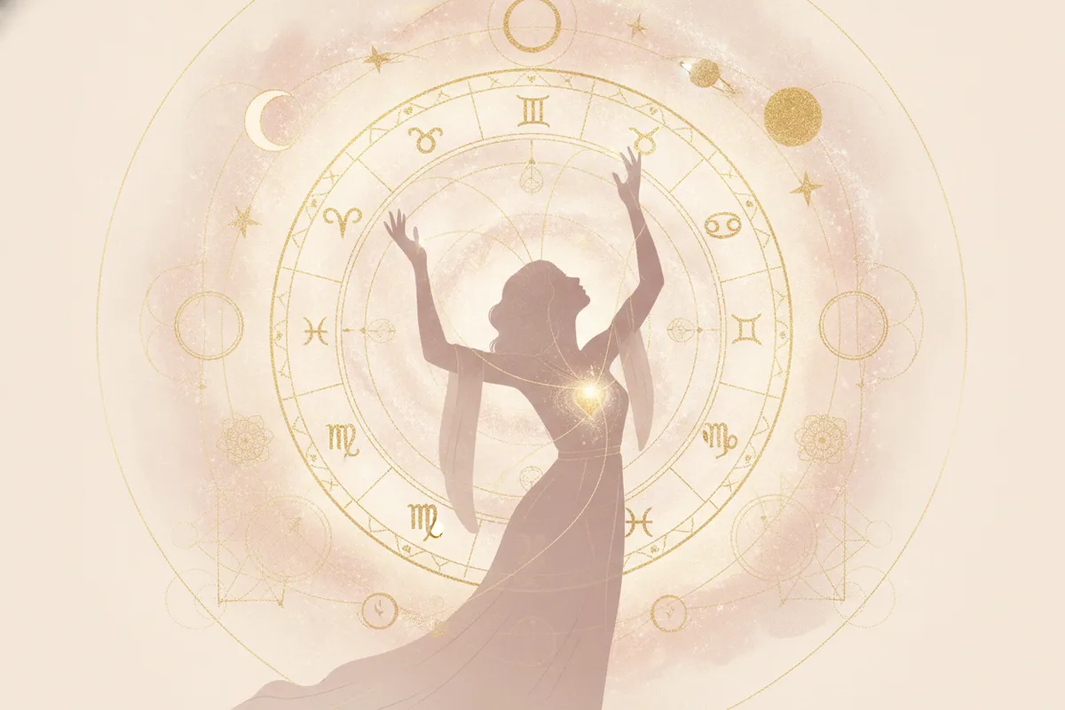 Ilustração etérea de astrologia Nova Era com cores pastel e detalhes dourados, uma mulher observando um mapa astral brilhante simbolizando o Ascendente e seu Regente.