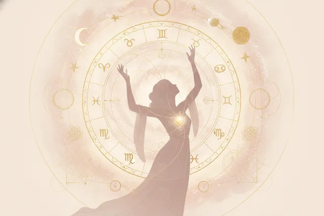 Ilustração etérea de astrologia Nova Era com cores pastel e detalhes dourados, uma mulher observando um mapa astral brilhante simbolizando o Ascendente e seu Regente.