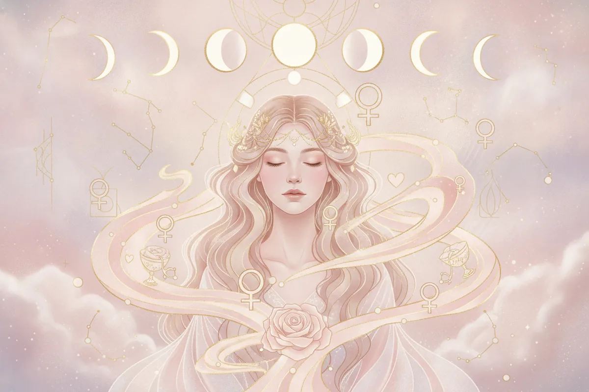 Ilustração etérea de Vênus no mapa astral, com tons pastel e dourado, simbolizando amor, prazer e abundância na jornada da alma.