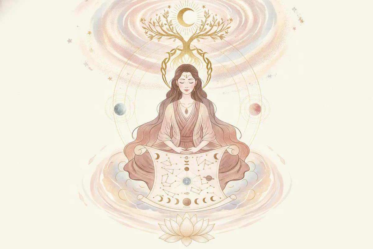 Ilustração etérea de astrologia da Nova Era com cores suaves e detalhes dourados, mostrando um livro aberto com símbolos astrológicos flutuando, representando a jornada de autoconhecimento e os princípios da metodologia.