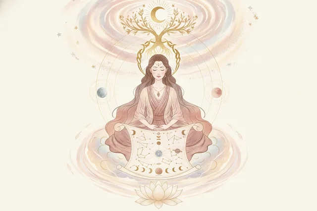 Ilustração etérea de astrologia da Nova Era com cores suaves e detalhes dourados, mostrando um livro aberto com símbolos astrológicos flutuando, representando a jornada de autoconhecimento e os princípios da metodologia.