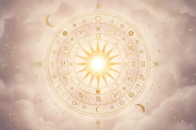 Ilustração etérea de astrologia da nova era com uma mulher olhando para uma roda celestial de revolução solar com símbolos planetários e sol brilhante em tons pastel e dourado.