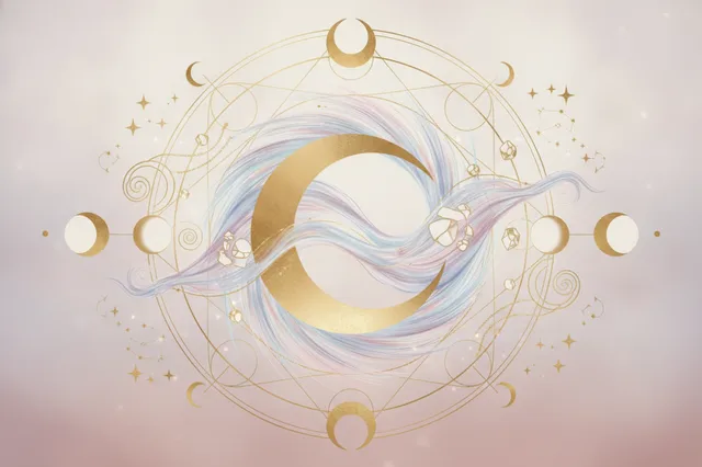 Ilustração etérea e mística da Lua, com suaves linhas energéticas e tons pastel, simbolizando a conexão com as emoções e a jornada da alma.