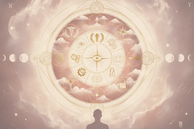 Ilustração etérea de astrologia da nova era, com uma mulher contemplando um mapa astral em forma de galáxia e símbolos de carreira e propósito, em tons pastel e dourados.