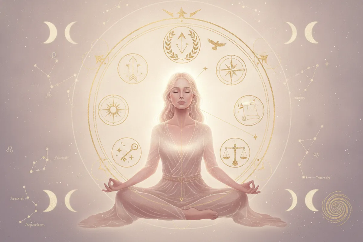 Ilustração etérea de mulher contemplando o céu estrelado, com símbolos astrológicos e de crescimento, representando a busca por carreira e propósito no mapa astral.