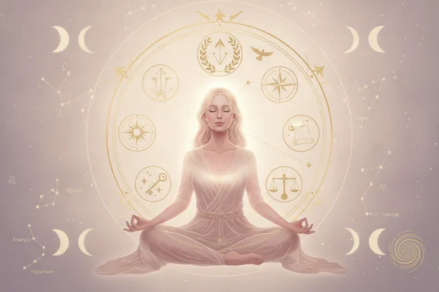 Ilustração etérea de mulher contemplando o céu estrelado, com símbolos astrológicos e de crescimento, representando a busca por carreira e propósito no mapa astral.