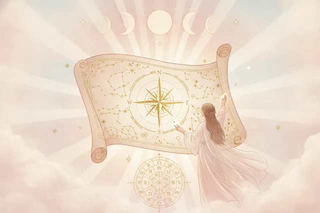 Ilustração etérea de astrologia Nova Era com uma mulher meditando e um mapa astral celestial ao fundo, em tons pastel suaves e detalhes dourados, transmitindo misticismo e sonho.