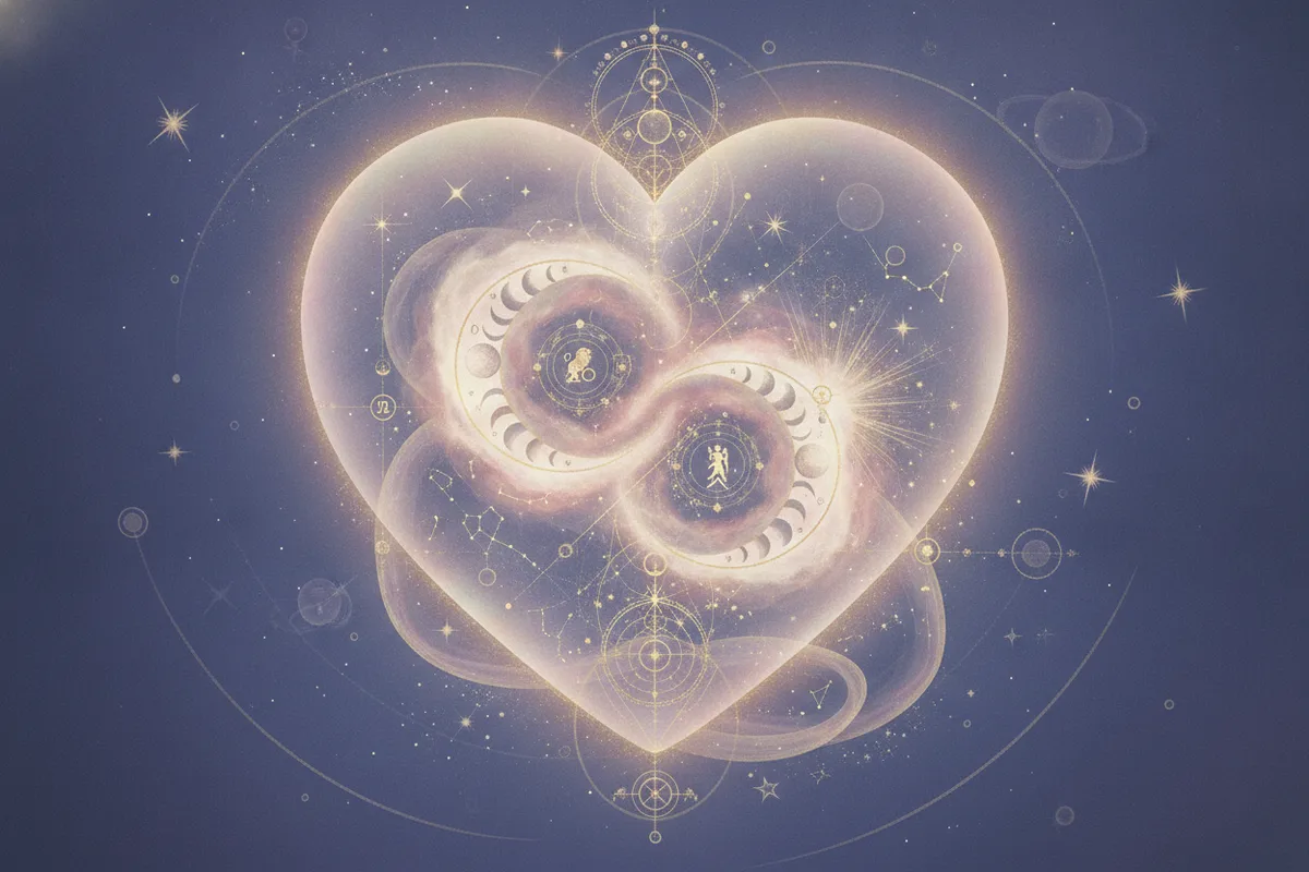 Ilustração etérea de astrologia da Nova Era com duas almas entrelaçadas em tons pastel suaves e detalhes dourados, simbolizando a conexão astral de casal.
