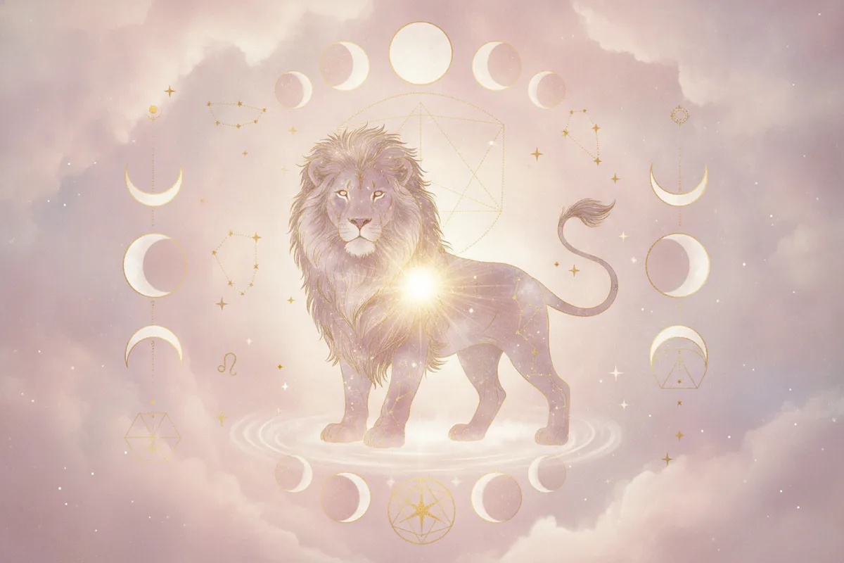 Ilustração etérea de astrologia da Nova Era com a cabeça de um leão majestoso surgindo de um nascer do sol, rodeado por elementos cósmicos em tons pastel e detalhes dourados, simbolizando o Ascendente em Leão e o despertar do poder pessoal.