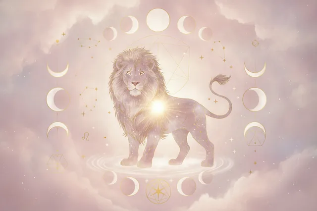 Ilustração etérea de astrologia da Nova Era com a cabeça de um leão majestoso surgindo de um nascer do sol, rodeado por elementos cósmicos em tons pastel e detalhes dourados, simbolizando o Ascendente em Leão e o despertar do poder pessoal.