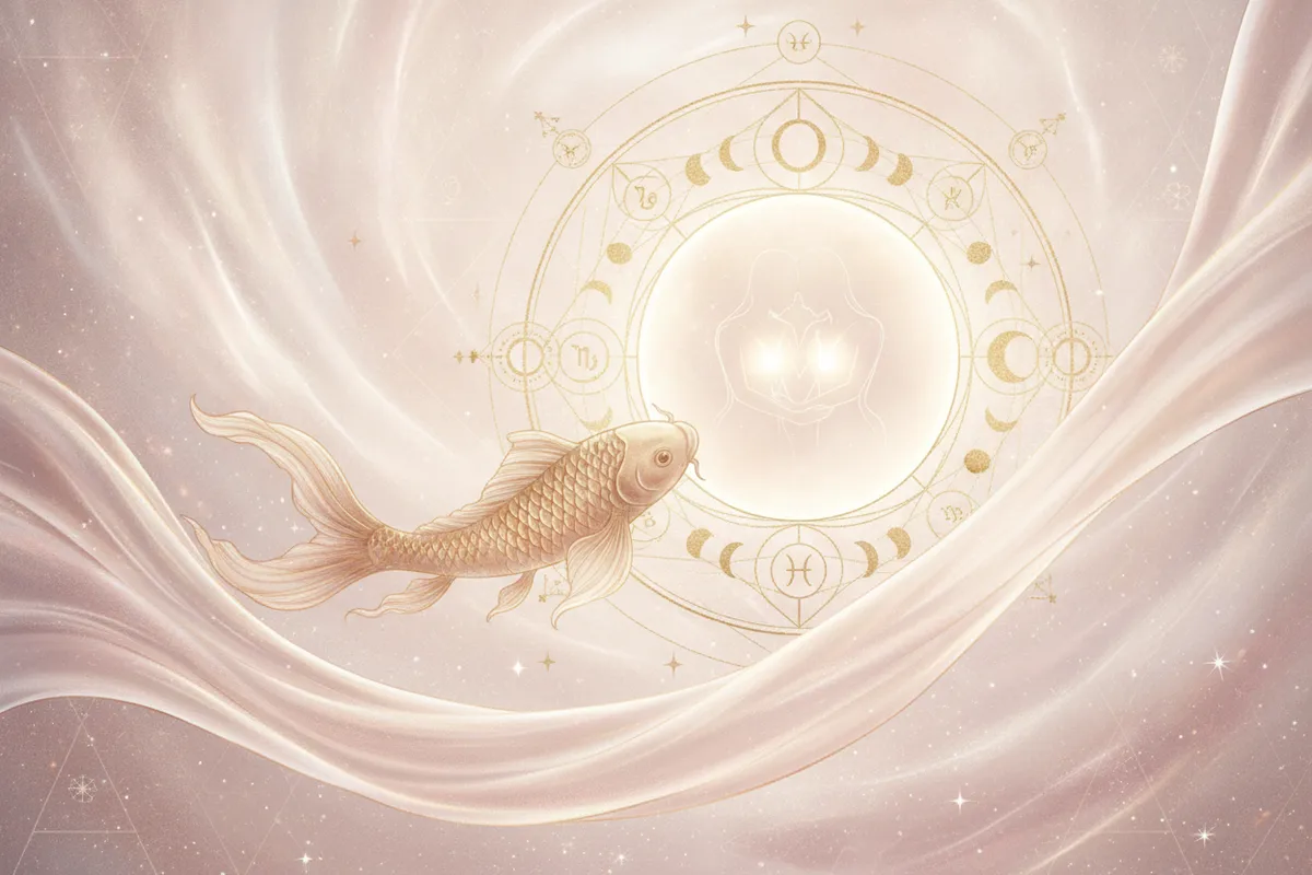 Ilustração etérea de astrologia Nova Era com cores pastel, detalhes dourados, mostrando um rio místico que se transforma em um caminho estruturado, representando a jornada de Peixes com seu Ascendente.