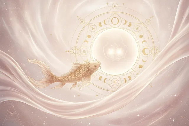 Ilustração etérea de astrologia Nova Era com cores pastel, detalhes dourados, mostrando um rio místico que se transforma em um caminho estruturado, representando a jornada de Peixes com seu Ascendente.