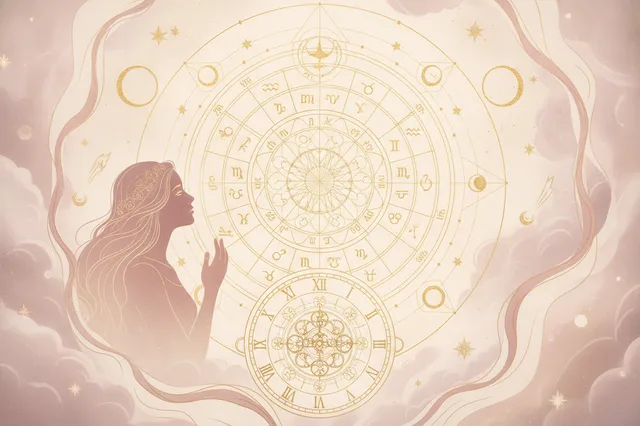 Ilustração etérea de mapa astral com cores suaves e detalhes dourados, representando a precisão técnica e a jornada da alma no autoconhecimento.