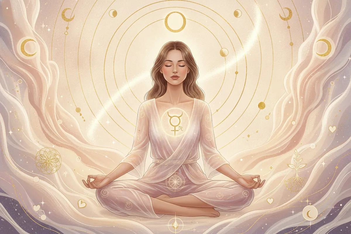 Ilustração etérea de Vênus Retrógrado com cores suaves, simbolizando introspecção e amor-próprio na Astrologia da Nova Era.