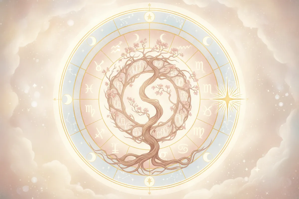 Ilustração etérea de astrologia Nova Era com cores pastel suaves e detalhes dourados, mostrando raízes familiares se entrelaçando com uma roda astrológica mística.