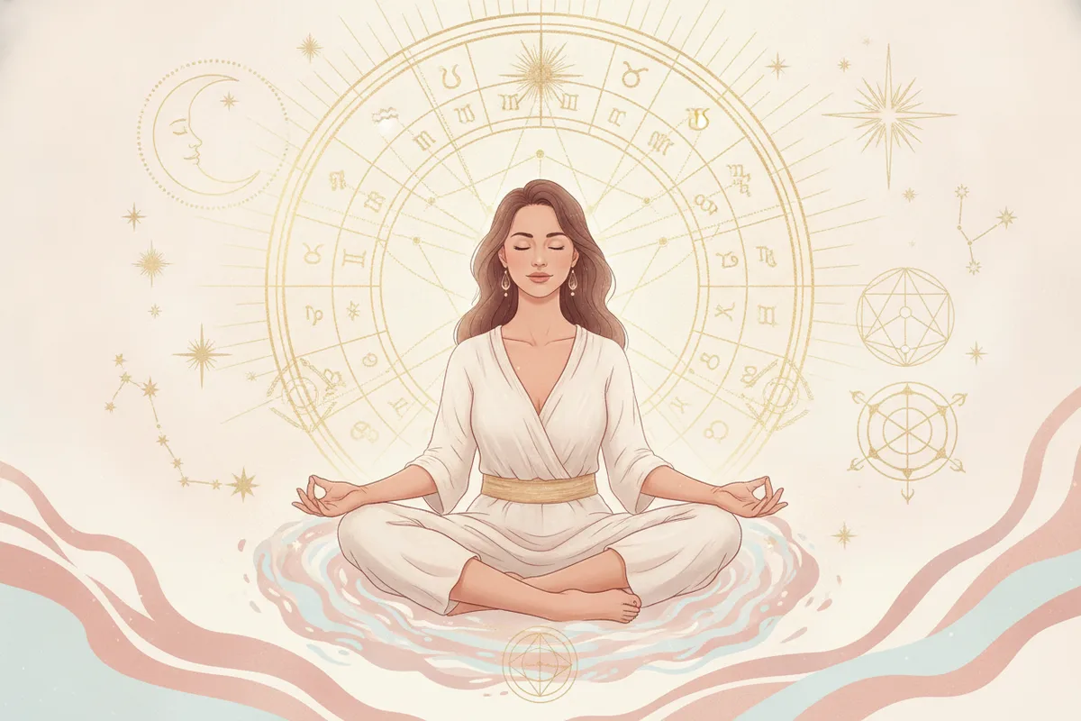 Ilustração etérea de astrologia com tons pastéis, detalhes dourados, mostrando uma mão feminina tocando um mapa astral brilhante, simbolizando propósito e guia espiritual.