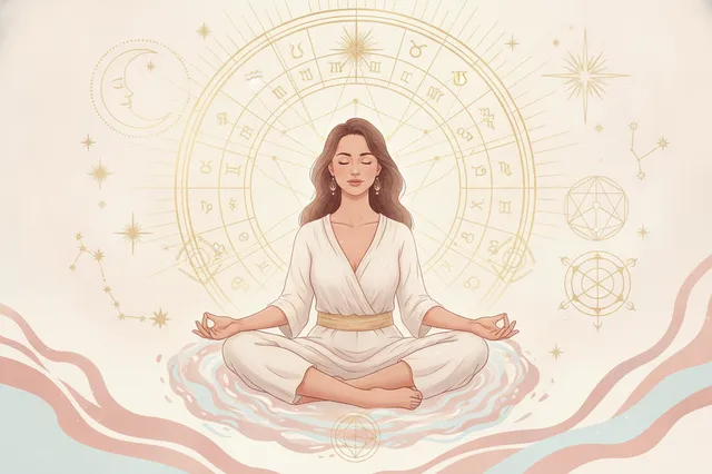Ilustração etérea de astrologia com tons pastéis, detalhes dourados, mostrando uma mão feminina tocando um mapa astral brilhante, simbolizando propósito e guia espiritual.