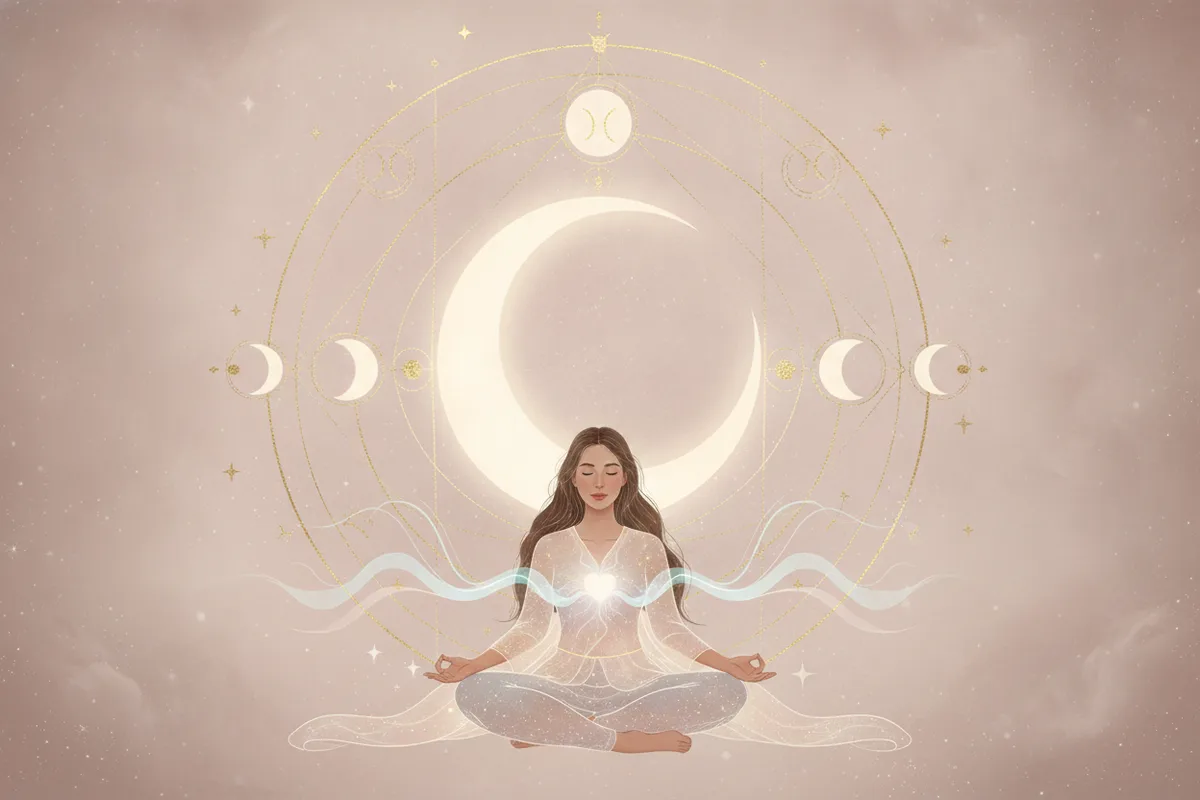 Ilustração etérea de astrologia da Nova Era com a Lua radiante, energias cósmicas suaves e símbolos emocionais, uma silhueta feminina em contemplação.