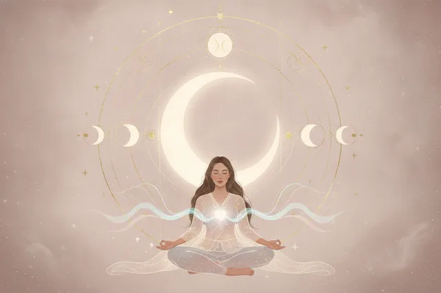 Ilustração etérea de astrologia da Nova Era com a Lua radiante, energias cósmicas suaves e símbolos emocionais, uma silhueta feminina em contemplação.