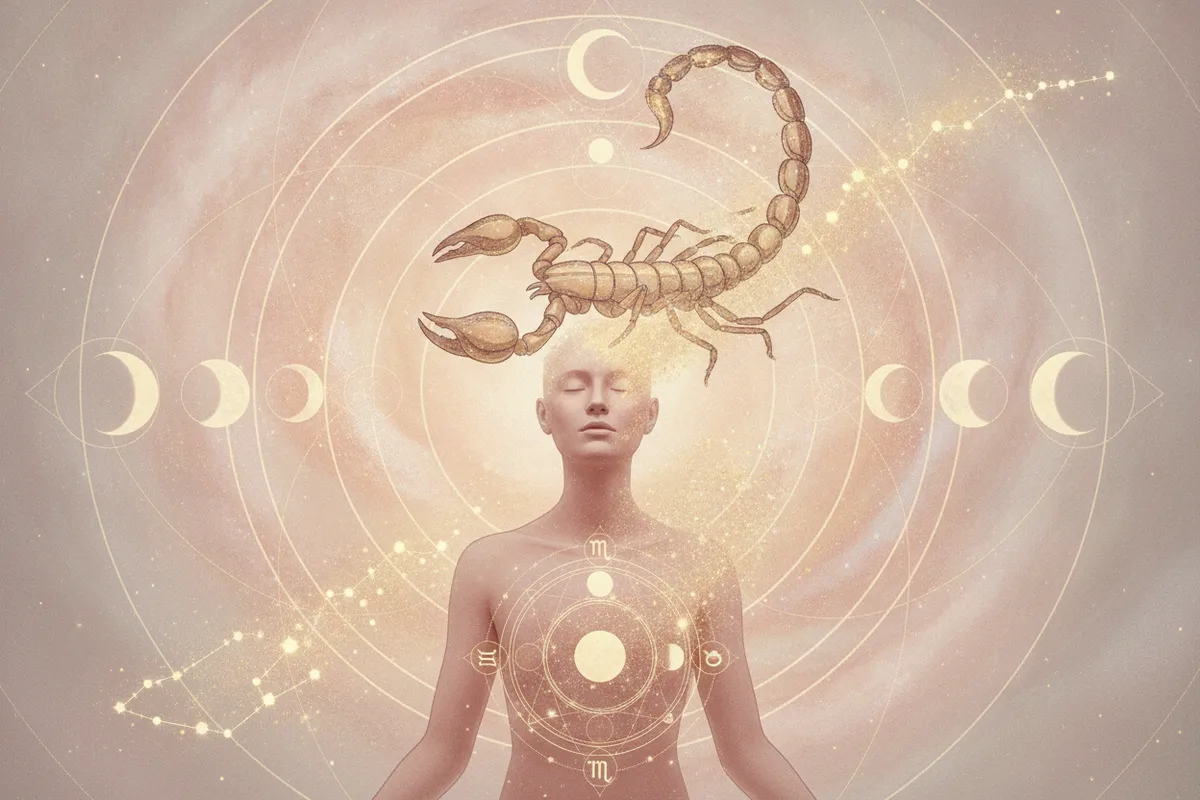 Ilustração etérea de astrologia da Nova Era com o símbolo de Escorpião, em tons pastel suaves e detalhes dourados, representando poder e transformação em um cenário cósmico.
