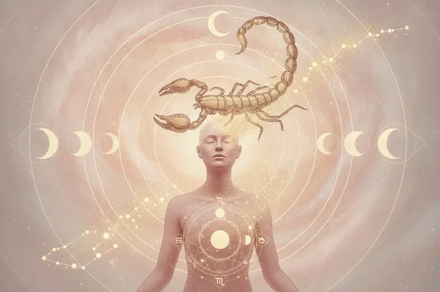 Ilustração etérea de astrologia da Nova Era com o símbolo de Escorpião, em tons pastel suaves e detalhes dourados, representando poder e transformação em um cenário cósmico.