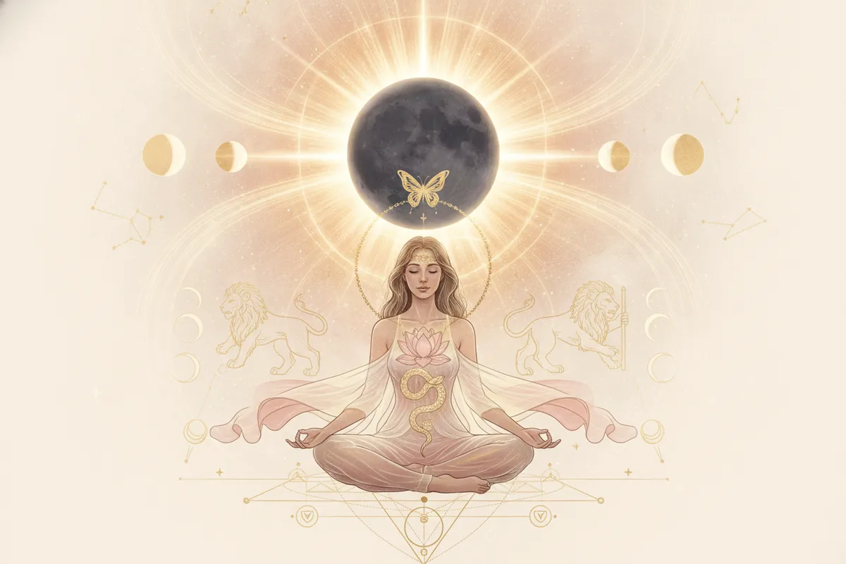 Ilustração etérea de um eclipse solar com a lua cobrindo o sol, irradiando energia transformadora. Uma mulher meditando abaixo, simbolizando autoconhecimento e despertar espiritual na Astrologia da Nova Era, com tons pastéis e detalhes dourados.