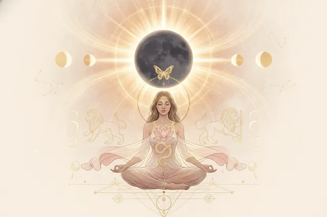 Ilustração etérea de um eclipse solar com a lua cobrindo o sol, irradiando energia transformadora. Uma mulher meditando abaixo, simbolizando autoconhecimento e despertar espiritual na Astrologia da Nova Era, com tons pastéis e detalhes dourados.