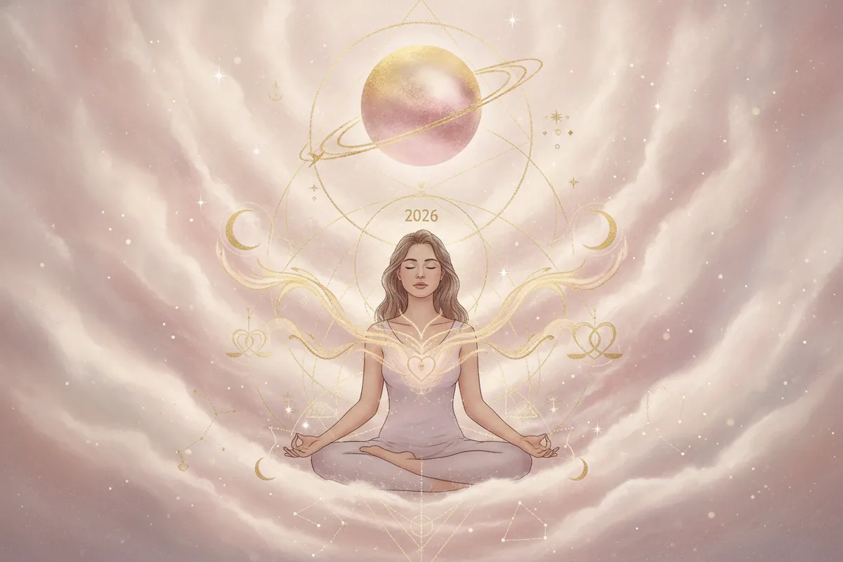 Ilustração etérea de Vênus retrógrado em 2026, com tons pastel, detalhes dourados e uma mulher meditando em meio a constelações, simbolizando introspecção e amor