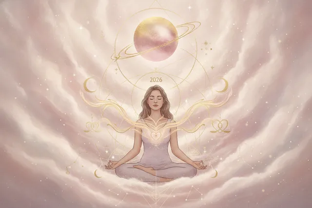 Ilustração etérea de Vênus retrógrado em 2026, com tons pastel, detalhes dourados e uma mulher meditando em meio a constelações, simbolizando introspecção e amor
