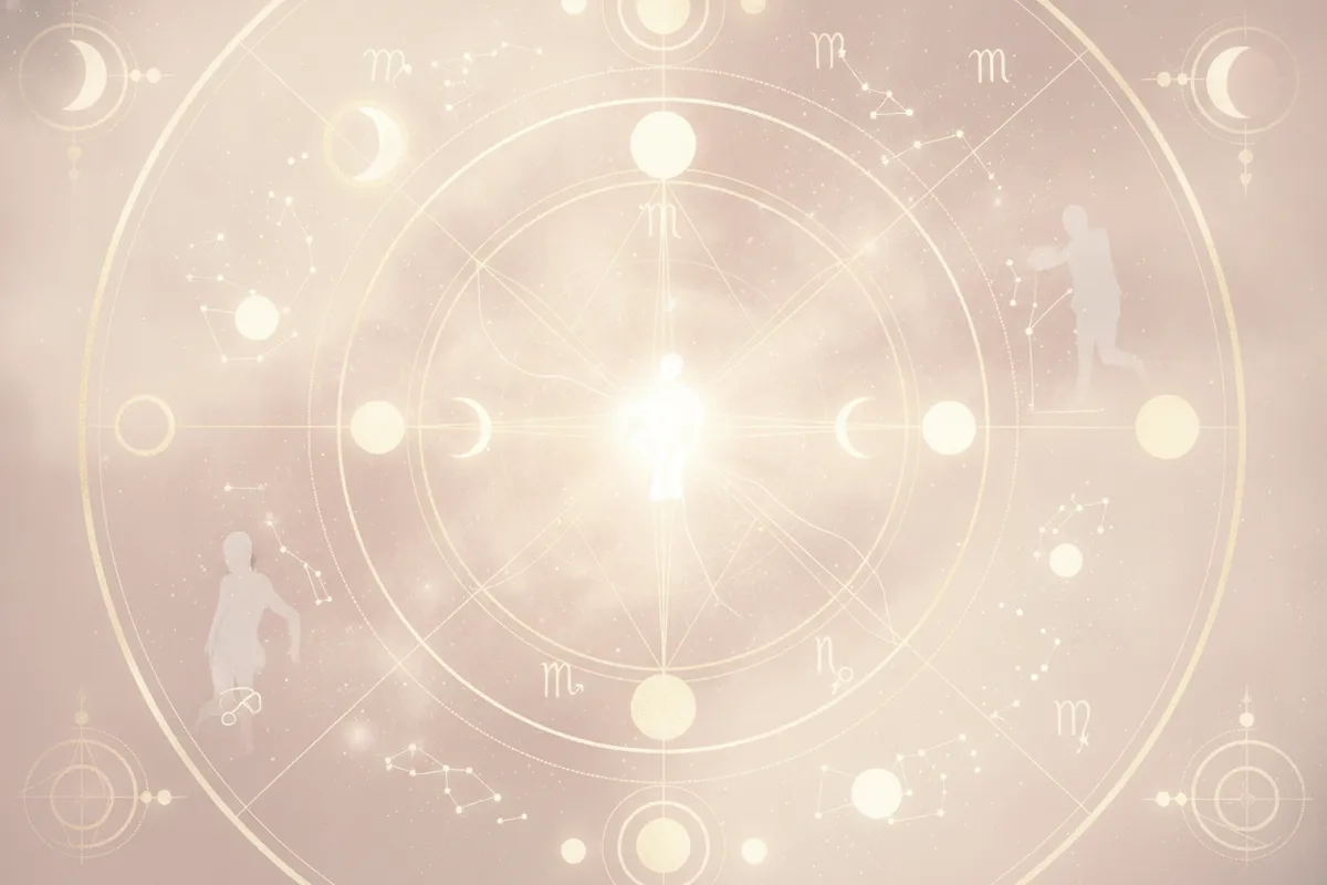 Ilustração etérea de astrologia Nova Era com um livro aberto e símbolos celestes em tons pastel e dourado, representando o Mapa da Alma e o autoconhecimento.