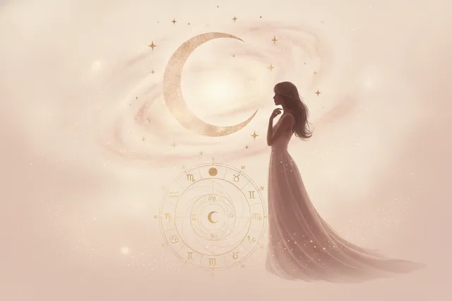 Ilustração etérea de astrologia da Nova Era com uma lua crescente em tons pastel, detalhes dourados e símbolos astrológicos, representando o mundo emocional e a introspecção feminina.