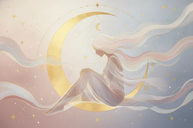 Ilustração etérea da Lua crescente abraçando uma figura, com símbolos astrológicos em tons pastéis e dourados, representando a conexão emocional no mapa astral.