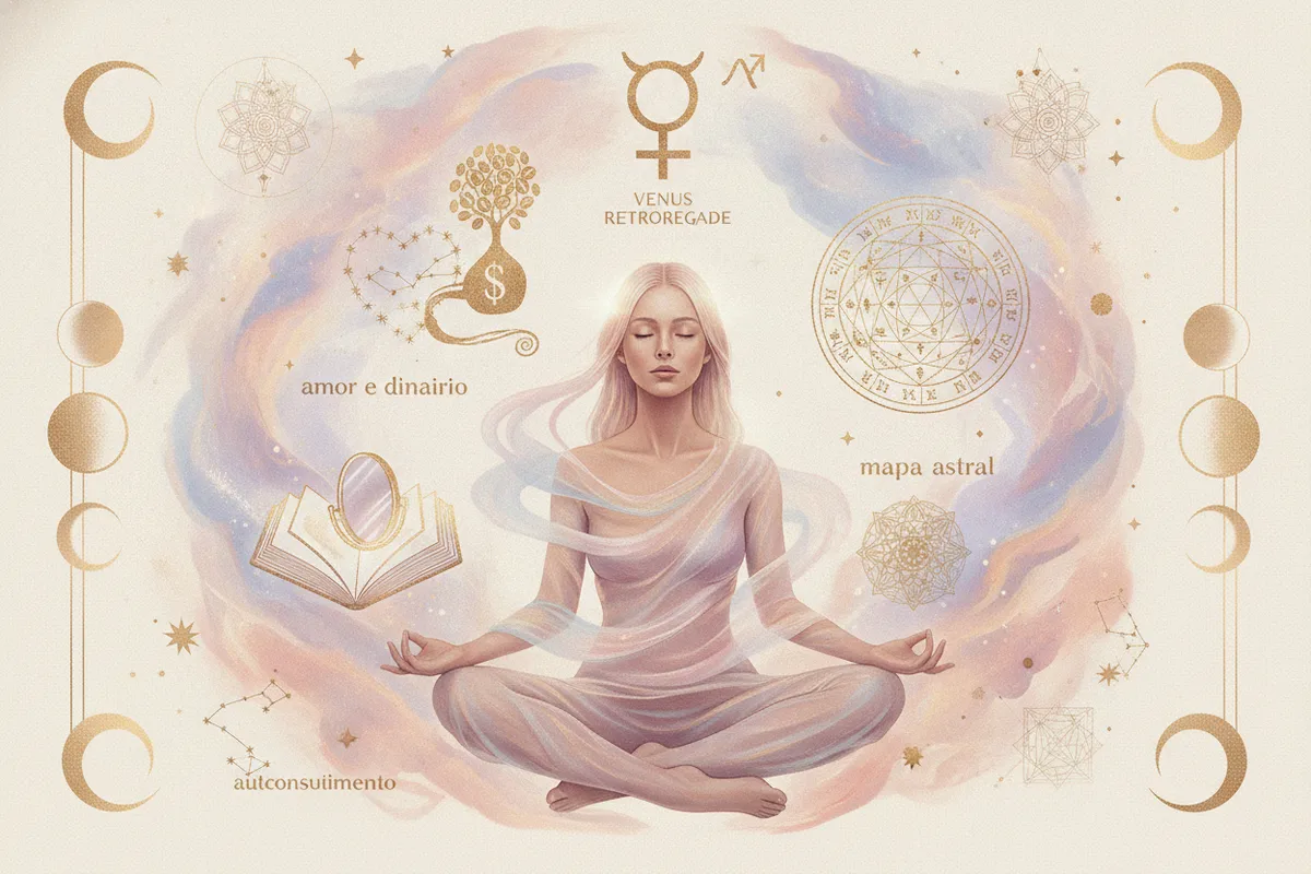 Ilustração etérea de Vênus Retrógrado com uma mulher em introspecção, simbolizando a reavaliação de valores e o autoconhecimento na astrologia.