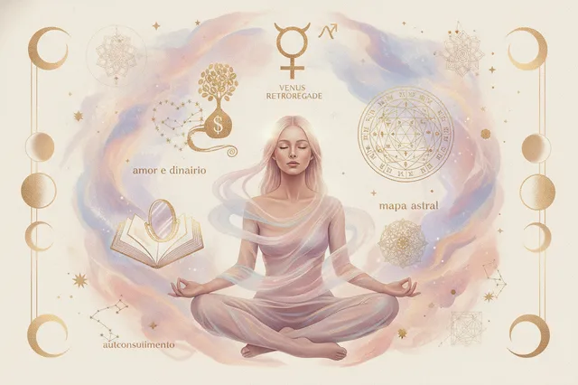 Ilustração etérea de Vênus Retrógrado com uma mulher em introspecção, simbolizando a reavaliação de valores e o autoconhecimento na astrologia.