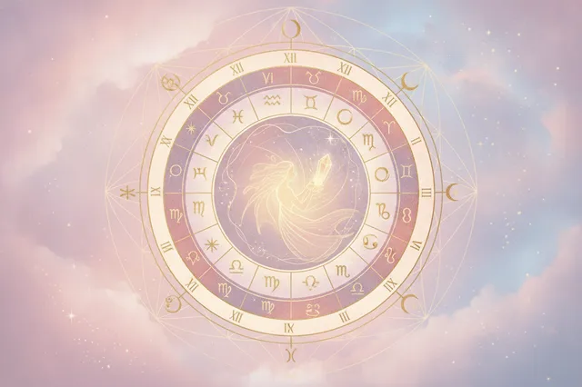 Ilustração etérea de astrologia Nova Era em tons pastéis, com detalhes dourados e místicos. Uma silhueta feminina observa uma mandala celestial brilhante, com planetas e constelações entrelaçados, evocando um despertar espiritual.