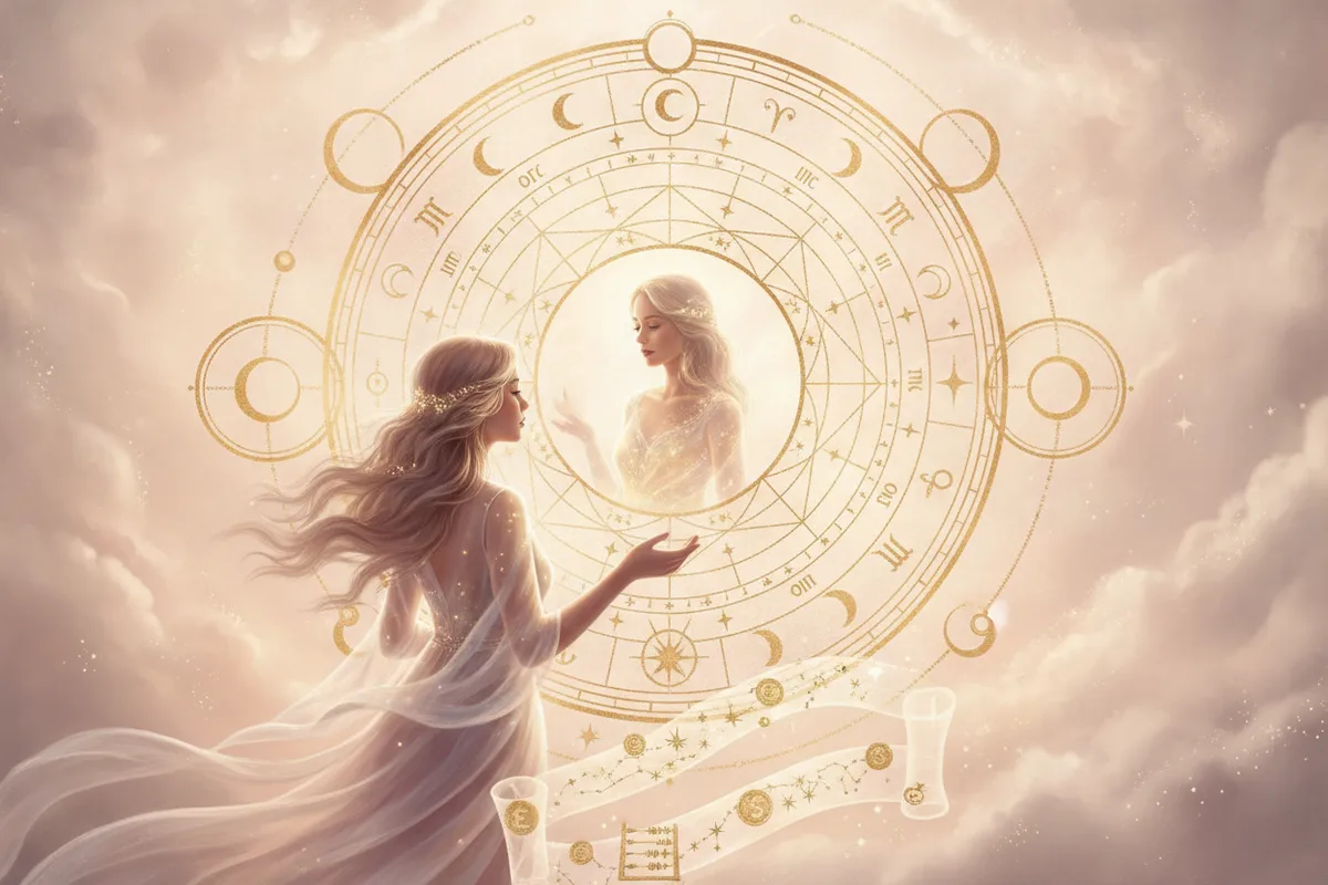 Ilustração etérea de mapa astral com o ascendente no horizonte, cores suaves e toques dourados, simbolizando o despertar do poder pessoal.
