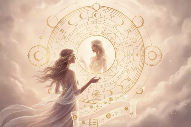Ilustração etérea de mapa astral com o ascendente no horizonte, cores suaves e toques dourados, simbolizando o despertar do poder pessoal.