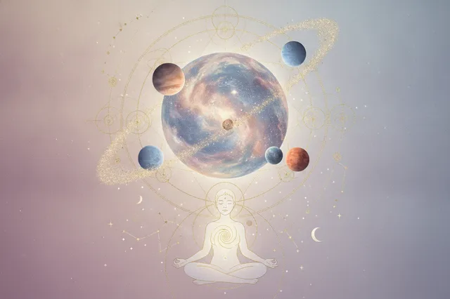 Ilustração etérea de um planeta em movimento retrógrado, com uma mulher em meditação, simbolizando introspecção e autoconhecimento. Cores pastel e detalhes dourados.