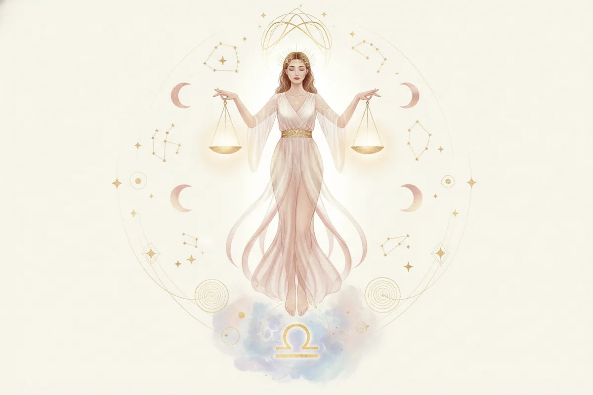 Ilustração etérea de astrologia Nova Era, cores pastel suaves e detalhes dourados. Uma mulher com balanças equilibradas, simbolizando Libra, em meio a elementos cósmicos e uma aura mística.