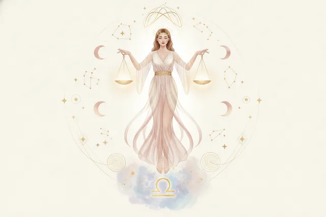 Ilustração etérea de astrologia Nova Era, cores pastel suaves e detalhes dourados. Uma mulher com balanças equilibradas, simbolizando Libra, em meio a elementos cósmicos e uma aura mística.