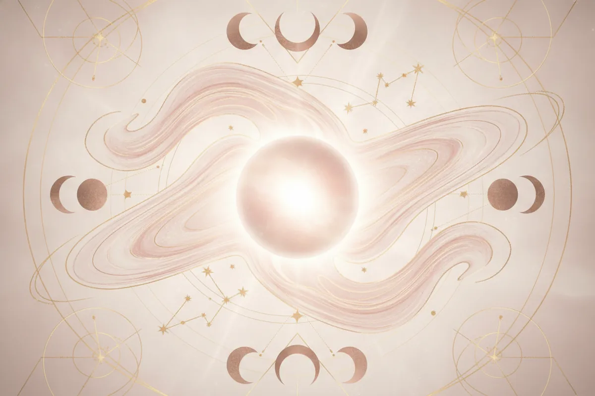 Ilustração etérea de astrologia Nova Era com cores pastel suaves, detalhes dourados, mostrando um planeta guia uma figura feminina em um caminho luminoso.