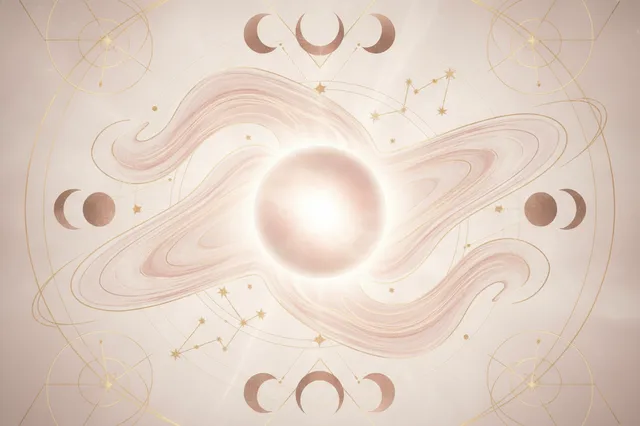 Ilustração etérea de astrologia Nova Era com cores pastel suaves, detalhes dourados, mostrando um planeta guia uma figura feminina em um caminho luminoso.