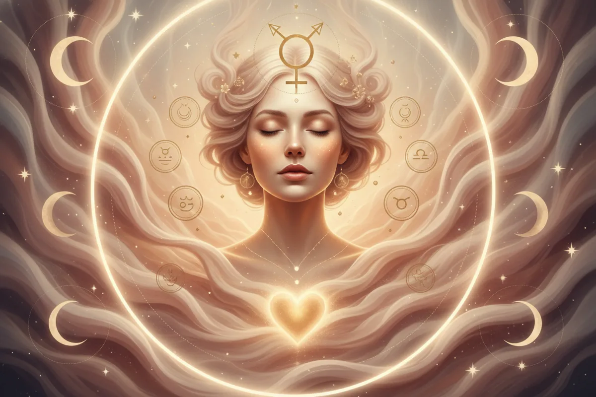 Ilustração etérea e mística de uma mulher em meditação, cercada por energias cósmicas suaves e símbolos de Vênus, em tons pastéis e dourados, representando a introspecção e o amor-próprio durante Vênus retrógrada.