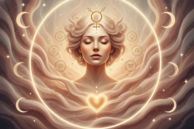 Ilustração etérea e mística de uma mulher em meditação, cercada por energias cósmicas suaves e símbolos de Vênus, em tons pastéis e dourados, representando a introspecção e o amor-próprio durante Vênus retrógrada.