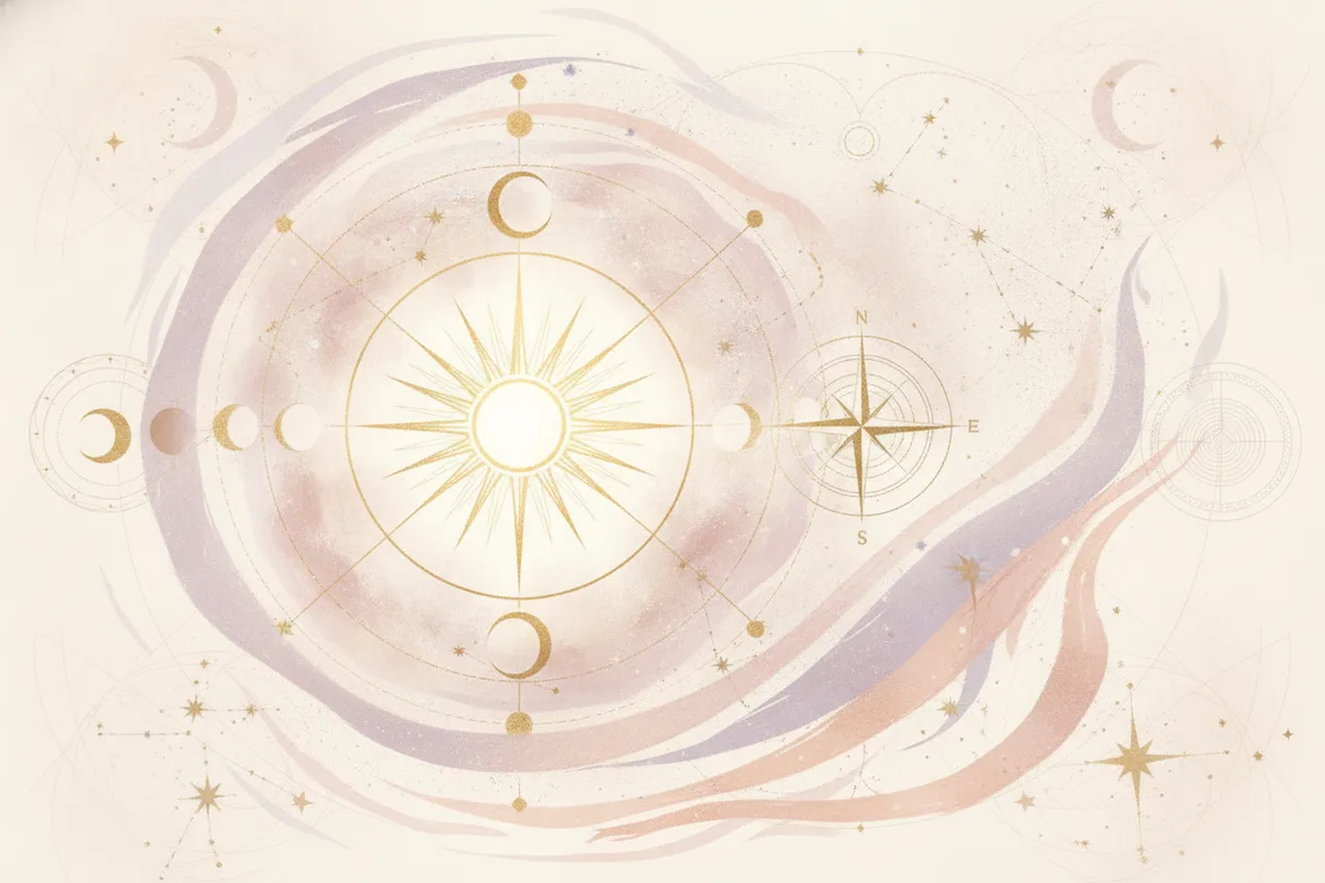 Ilustração etérea de astrologia da Nova Era com o sol retornando ao ponto de nascimento em um mapa astral circular e elementos celestiais.
