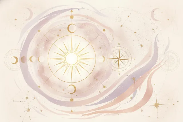 Ilustração etérea de astrologia da Nova Era com o sol retornando ao ponto de nascimento em um mapa astral circular e elementos celestiais.