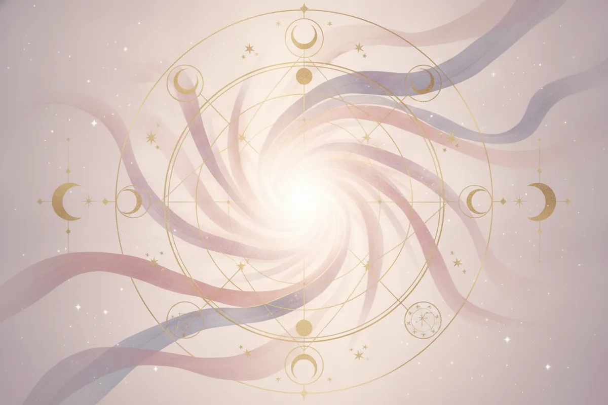 Ilustração etérea de um mapa astral com cores suaves e detalhes em dourado, transmitindo uma sensação mística e acolhedora de autoconhecimento.