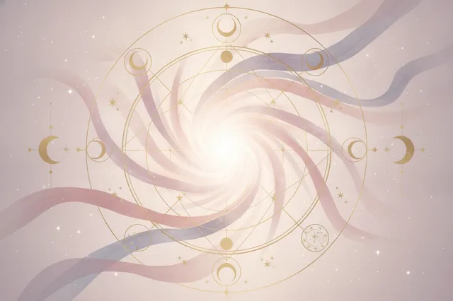 Ilustração etérea de um mapa astral com cores suaves e detalhes em dourado, transmitindo uma sensação mística e acolhedora de autoconhecimento.